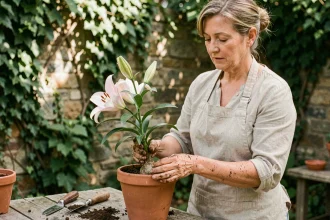 Femme rempotant un lys rose pâle dans un pot en terre cuite sur un établi de jardin en bois