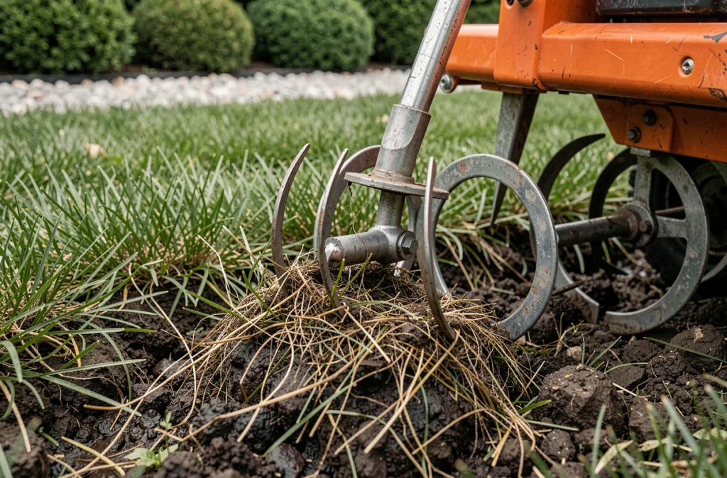 Gros plan sur les lames d'un scarificateur électrique pénétrant la couche de chaume d'une pelouse pour aérer le sol