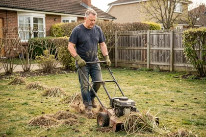Homme scarifiant une pelouse résidentielle au printemps avec un scarificateur manuel, laissant apparaître le chaume arraché sur la surface du gazon