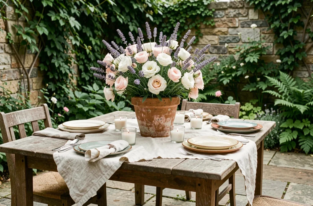 Table de jardin dressée pour un déjeuner estival avec bouquet de lisianthus lavande et blanc dans un pot en terre cuite