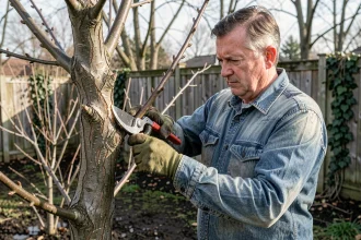 Jardinier adulte taillant un mûrier en hiver avec un sécateur, dans un jardin aux arbres encore nus