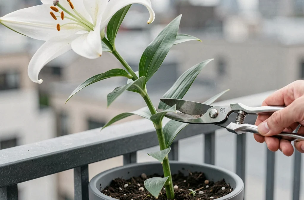 Taille de la tige fanée d'un lys blanc en pot avec un sécateur en acier sur un balcon urbain