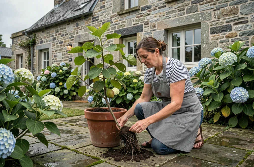 Femme jardinière transplantant un figuier en pot dans un jardin breton au climat atlantique