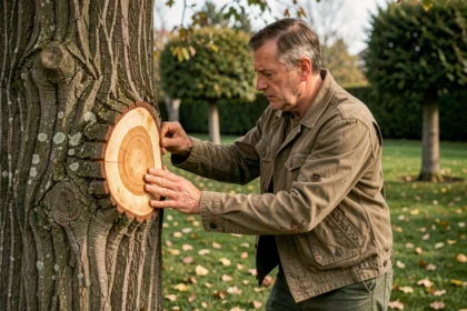 Arboriste inspectant une cicatrice de coupe sur un chêne après élagage en jardin résidentiel