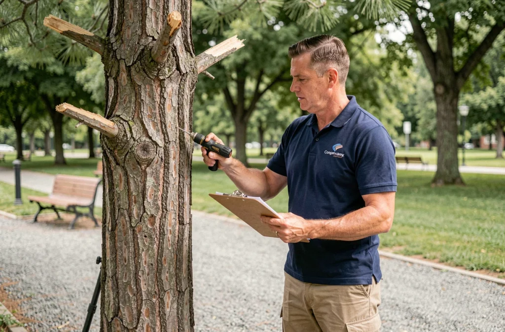 Consultant arboriste certifié inspectant l'écorce d'un pin endommagé dans un parc urbain, tenant un presse-papiers avec des notes techniques