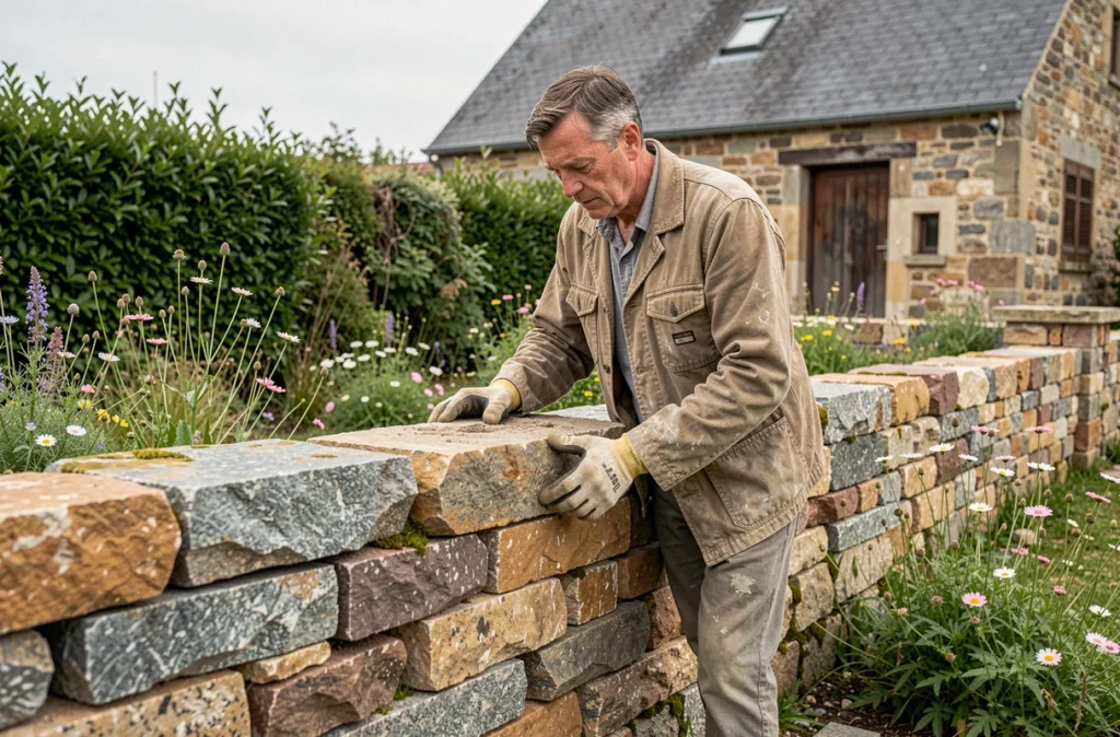 Artisan d'Armor Pierre posant des pierres de granit naturel pour un mur de jardin dans une propriété rurale à La Grigonnais