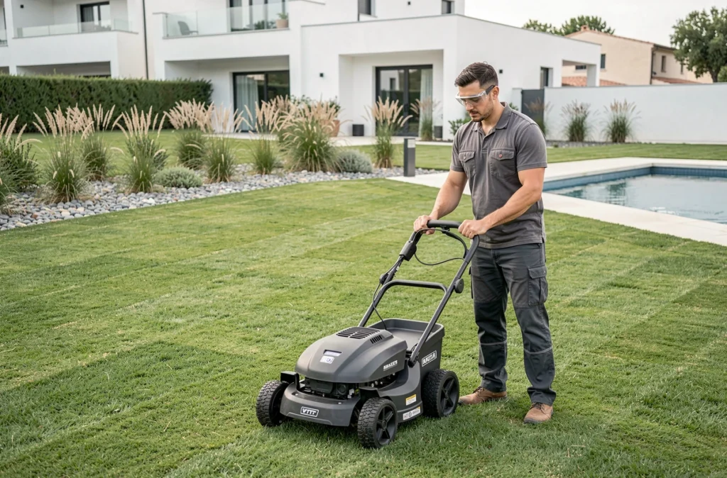 Technicien paysagiste d'ATR Paysage utilisant une tondeuse robotisée dans un jardin résidentiel contemporain des Bouches-du-Rhône