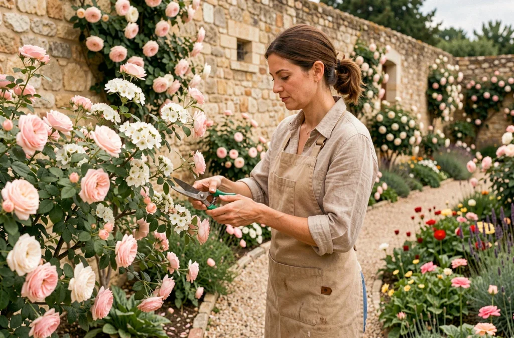 Jardinière d'Aubepine taillant des rosiers et des aubépines en fleurs dans un jardin provençal pittoresque