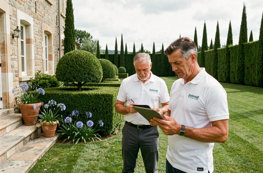 Deux paysagistes de Blanc Frederic Laurent Jean-Pierre consultant une tablette dans un grand jardin résidentiel provençal