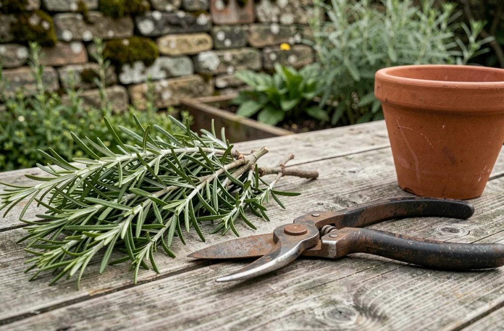 Tiges de romarin fraîchement taillées posées sur une table en bois rustique avec un sécateur ancien dans un jardin de fines herbes