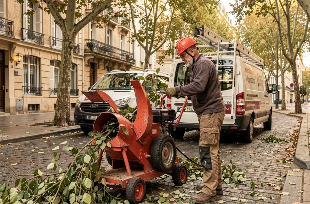 Élagueur utilisant un broyeur de branches dans une rue de Bordeaux avec fourgon professionnel et arbres en arrière-plan