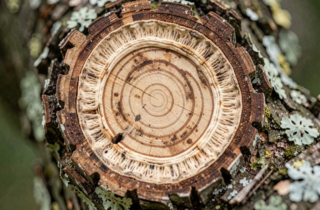 Gros plan sur un cal de cicatrisation se formant autour d'une coupe d'élagage sur une branche d'arbre