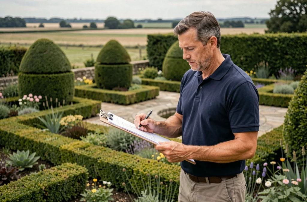 Paysagiste de Concept et Créations à Basse-Goulaine étudiant un plan de jardin devant une terrasse en pierre aménagée