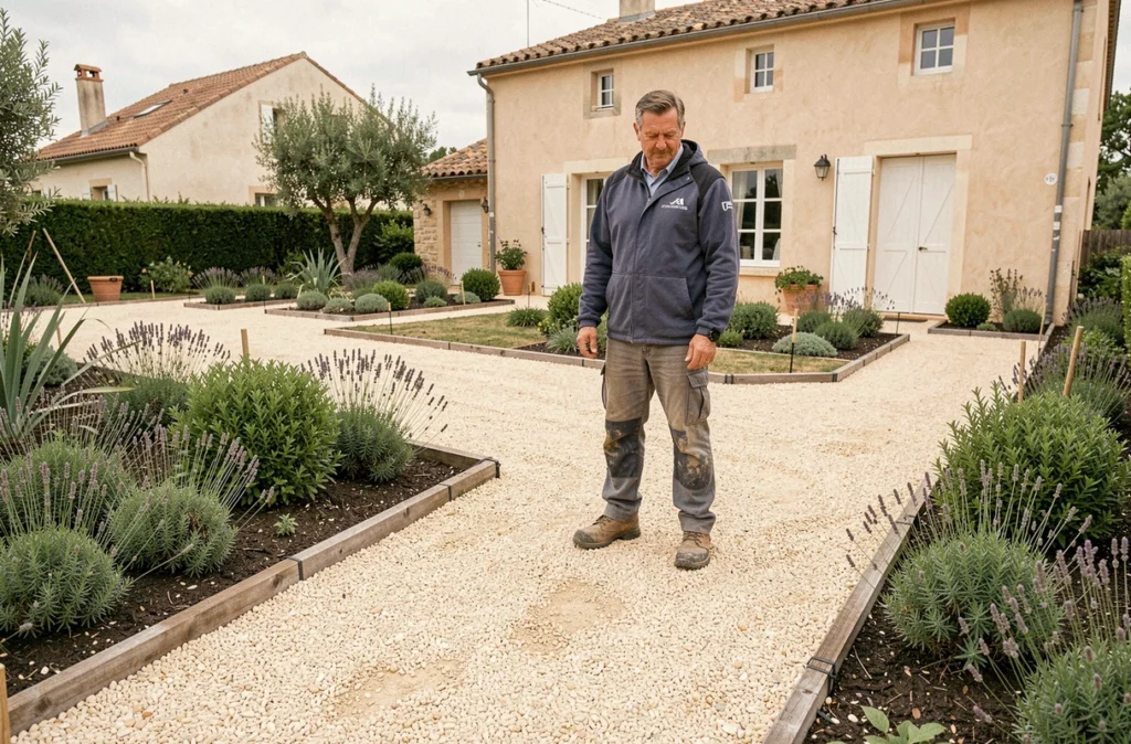 Spécialiste de Daniel Moquet Signe Vos Jardins supervisant l'installation d'une allée en gravier résine dans une propriété provençale