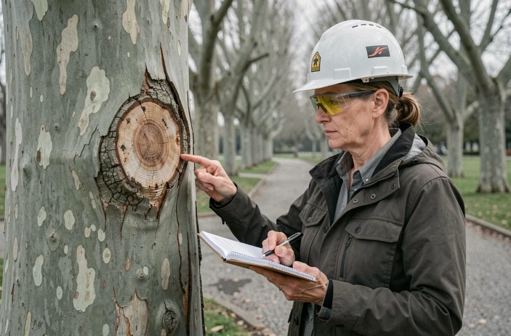 Arboriste féminine examinant les signes de maladie sur un tronc de platane en parc urbain