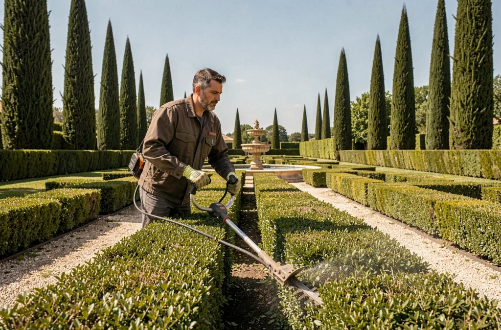 Jardinier de Duhornay Jardins taillant une bordure de buis dans un domaine paysager provençal élégant