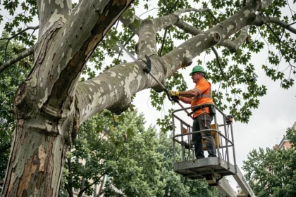 Arboriste professionnel élagant un platane depuis une nacelle élévatrice en milieu urbain