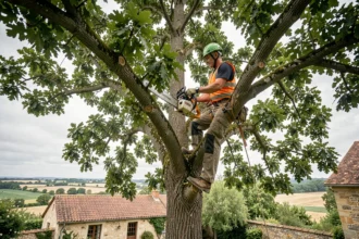 Élagueur professionnel en harnais perché dans un chêne lors d'une intervention d'élagage en Charente-Maritime