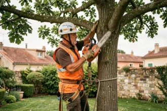 Élagueur professionnel en hauteur taillant un chêne dans un jardin résidentiel à Bordeaux avec équipement de sécurité complet