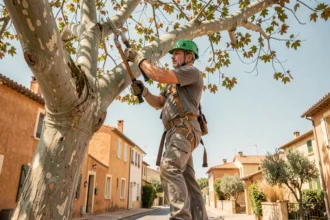 Élagueur professionnel en hauteur dans un arbre à Salon-de-Provence, équipé d'un harnais et d'un casque vert