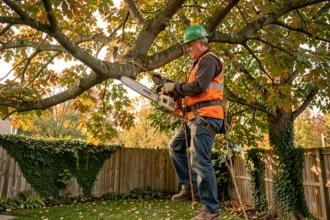 Élagueur professionnel en train d'élaguer un grand chêne dans un jardin résidentiel en automne, équipé d'un harnais et d'un casque de sécurité orange