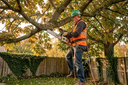 Élagueur professionnel en train d'élaguer un grand chêne dans un jardin résidentiel en automne, équipé d'un harnais et d'un casque de sécurité orange