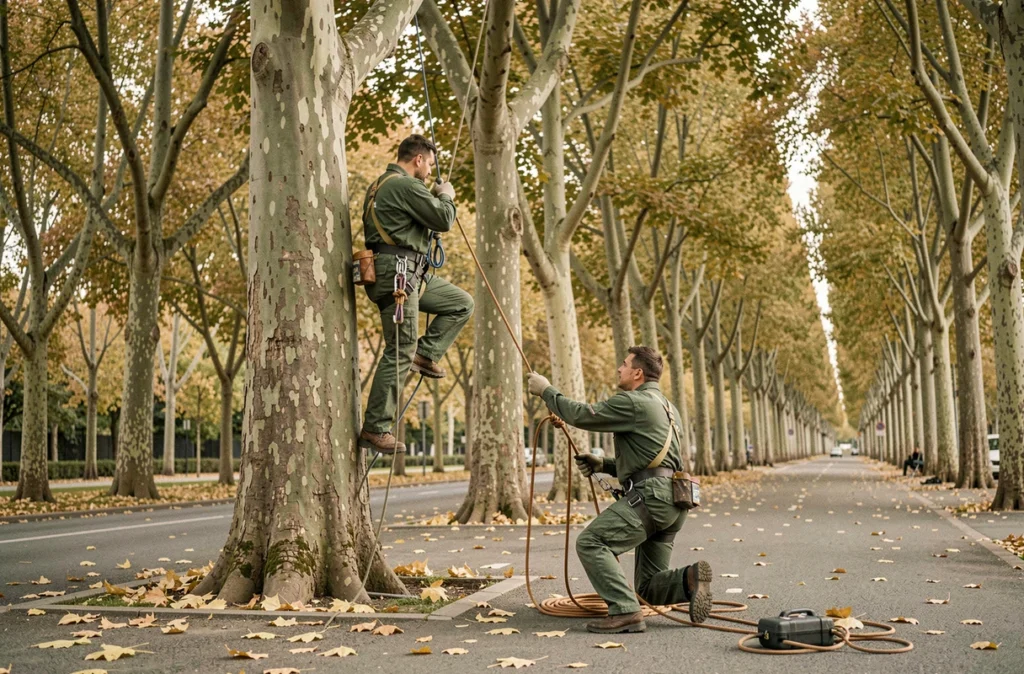 Deux élagueurs professionnels en action sur une avenue de platanes en automne