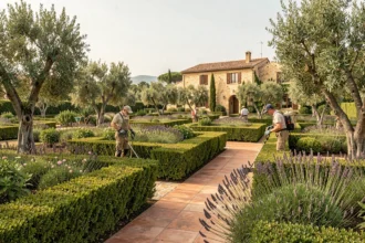 Équipe d'entretien de jardin professionnelle travaillant dans un paysage provençal luxuriant des Bouches-du-Rhône