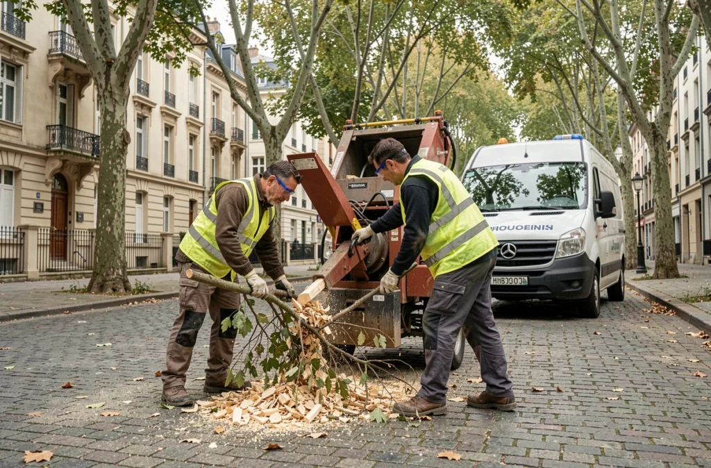 Équipe d'élagueurs utilisant un broyeur de branches dans une rue de Revel avec camion professionnel