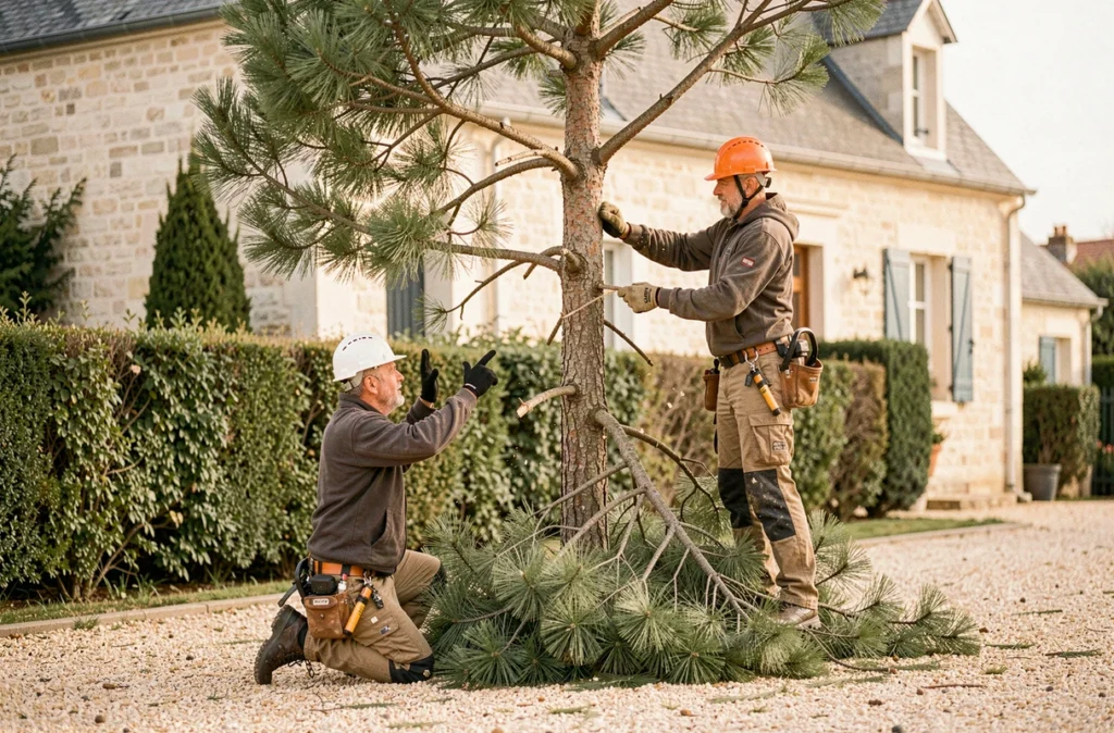 Deux élagueurs travaillant en équipe pour abattre un pin dans un jardin résidentiel en Charente-Maritime