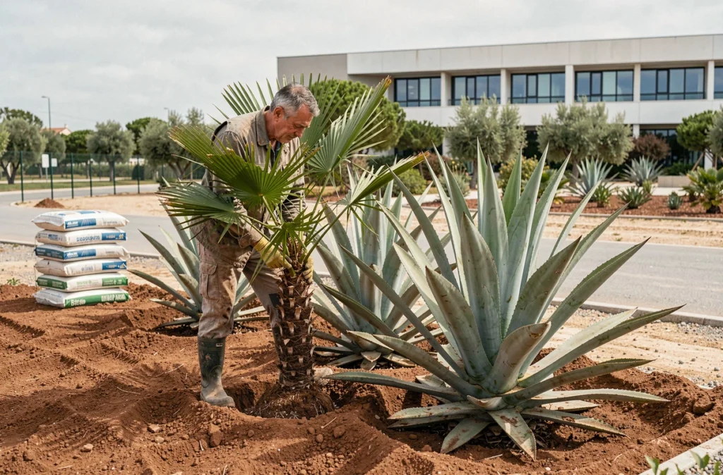 Horticulteur paysagiste des Établissements Saurin transplantant des palmiers et des agaves dans un chantier d'aménagement paysager