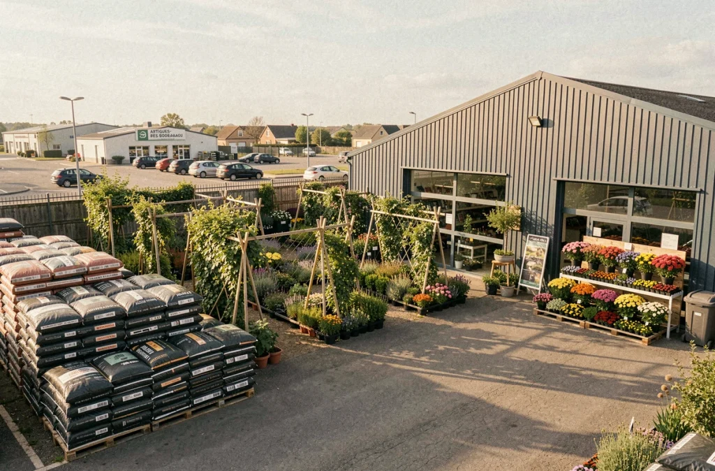 Jardinerie Jardiland d'Artigues-près-Bordeaux sur la rive droite avec un large espace extérieur de vente de plantes, des palettes de terreau et un présentoir de fleurs colorées en façade