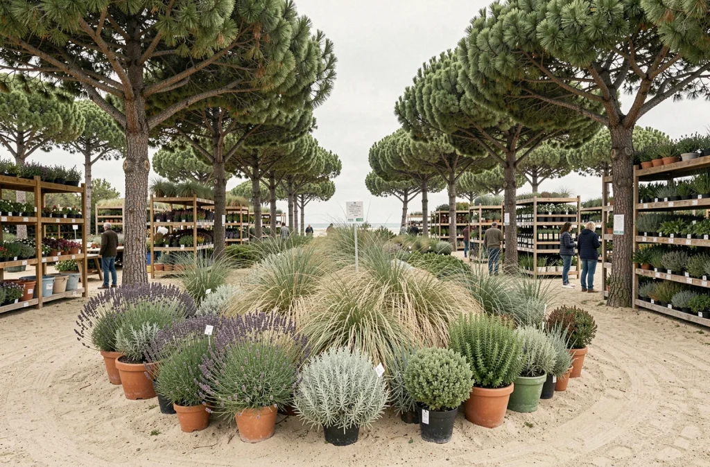 Jardinerie Jardiland de La Teste-de-Buch près du Bassin d'Arcachon avec des plantes adaptées au littoral comme la lavande, les graminées et les arbustes résistants au sel disposés sur terrain sableux