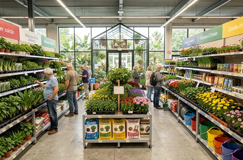 Jardinerie Jardiland de Villenave-d'Ornon au sud de Bordeaux avec ses rayons bien organisés de plantes potagères, fleurs saisonnières et accessoires de jardinage sous une structure ouverte