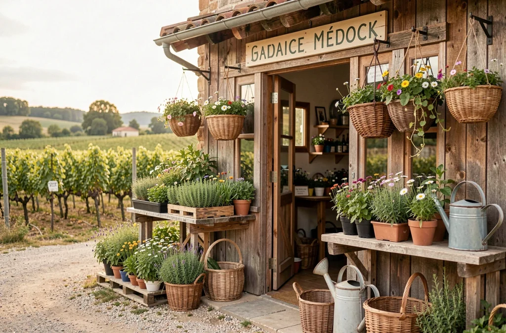 Façade pittoresque de la jardinerie indépendante Le Jardin Coquelicot à Lesparre-Médoc avec des fleurs sauvages et des plantes locales exposées sur des étagères en bois rustique