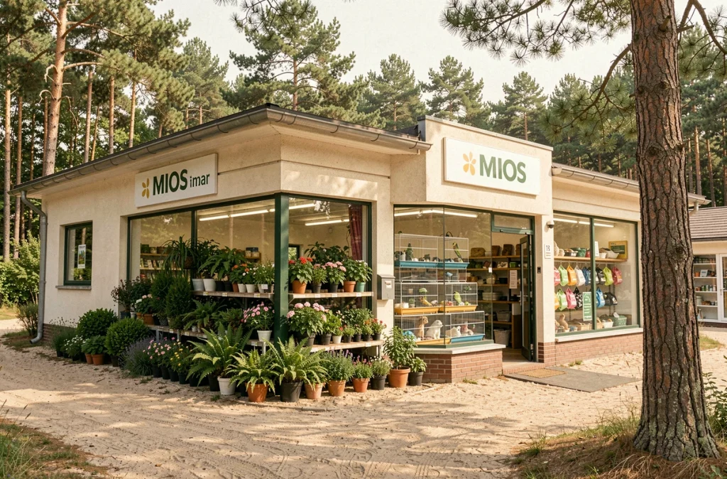 Jardinerie Animalerie du Val de l'Eyre à Mios avec sa double vocation : rayon de plantes de jardin et section animalerie visible à travers la vitrine, entourée de la forêt des Landes