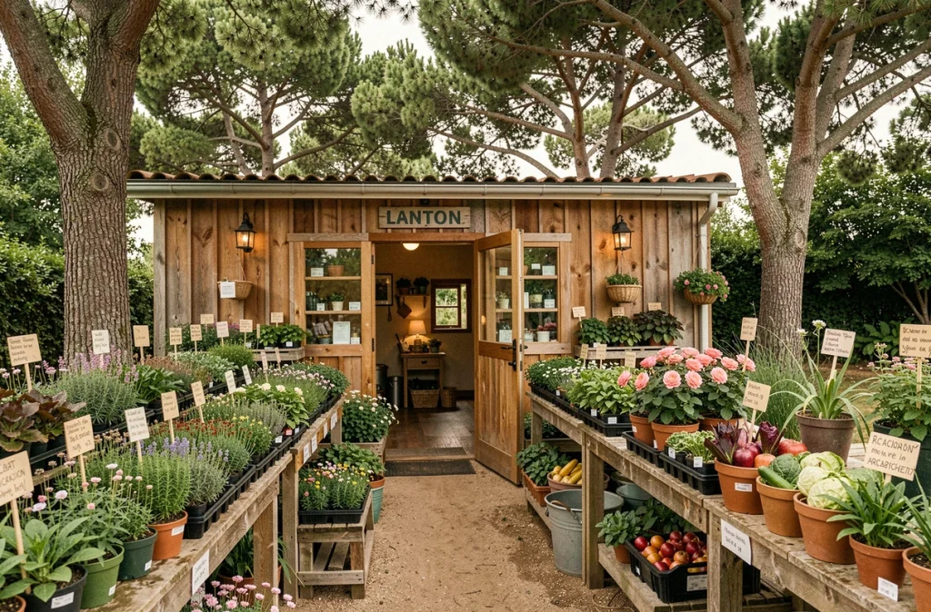 Jardinerie indépendante Derly Blagon à Lanton avec des tables rustiques présentant des plantes vivaces locales, des rosiers et des légumes de saison dans une atmosphère familiale et artisanale