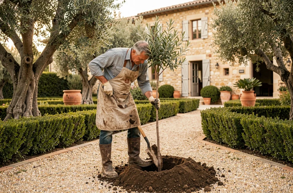 Paysagiste des Jardins Arborés plantant un arbre ornemental dans un jardin structuré en Provence