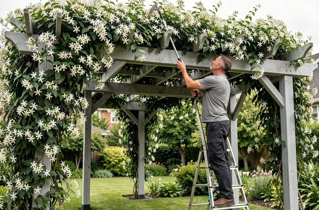 Homme sur un escabeau taillant un jasmin étoilé en pleine floraison sur une pergola de jardin avec des fleurs blanches abondantes