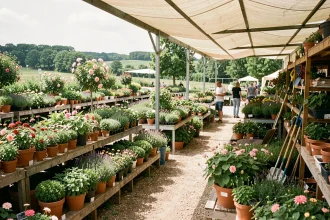 Vue panoramique d'une jardinerie en Gironde avec des rangées de plantes colorées, des arbustes en pot et des outils de jardin exposés sous un grand auvent