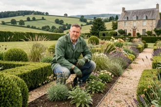 Vue d'ensemble d'un jardin paysager soigné dans les Pays de la Loire avec un paysagiste professionnel au travail