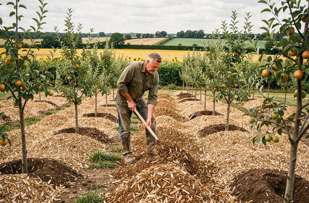 Paysagiste d'Orvert paillant un verger fraîchement planté dans une propriété rurale près de Pissotte en Vendée