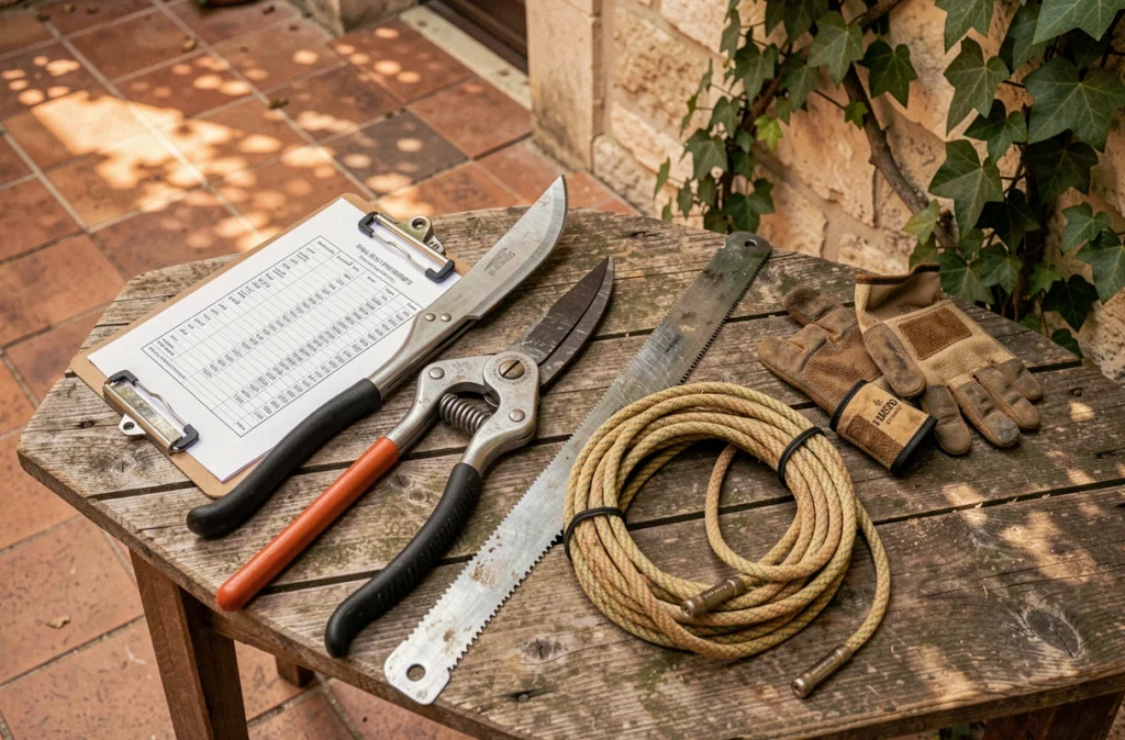 Outils d'élagage professionnels et devis tarifaire posés sur un établi dans une cour provençale