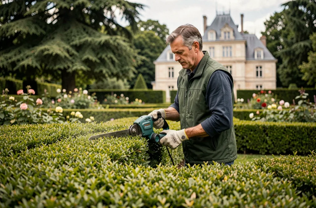 Un ouvrier des Ouvriers du Jardin taillant une haie de buis avec précision dans un jardin de manoir à Haute-Goulaine
