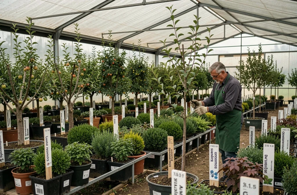 Pépinières Dupoirier à Libourne spécialisées en horticulture avec des rangées d'arbres fruitiers greffés, d'arbustes ornementaux en conteneurs étiquetés et un pépiniériste professionnel au travail