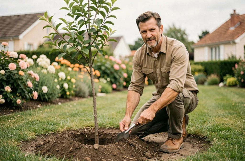 Pierre Goujeon, paysagiste à Saint-Barthélemy-d'Anjou, plantant un arbre ornemental dans un jardin résidentiel