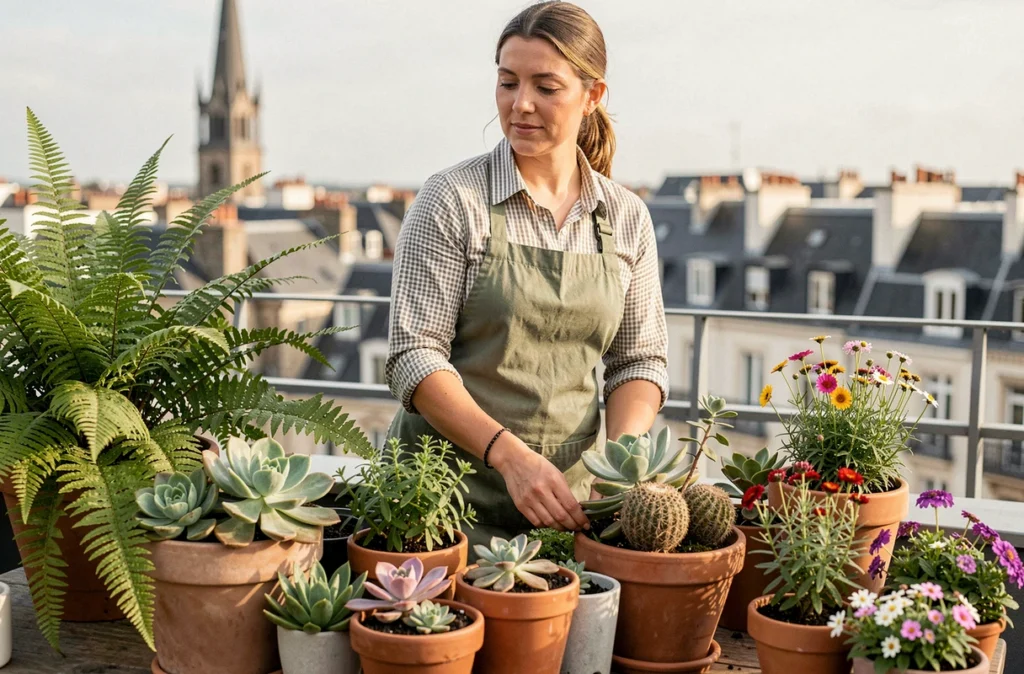 Horticultrice de Plantes et Co arrangeant des plantes en pot sur une terrasse contemporaine à Nantes avec les toits de la ville en arrière-plan