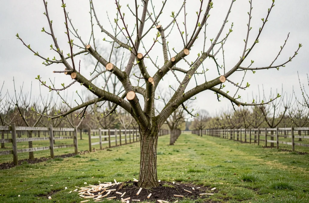 Pommier taillé en verger avec bourgeons de repousse visibles sur les branches après élagage