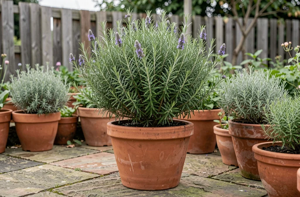 Plant de romarin décoratif bien taillé en pot de terre cuite sur une terrasse en pierre au bord d'un potager