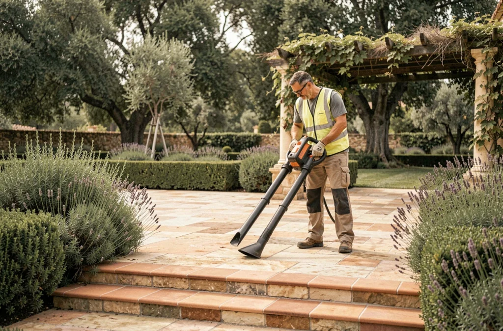 Ouvrier de Schellino Alain Francis entretenant une terrasse provençale entourée de haies de lavande et de romarin